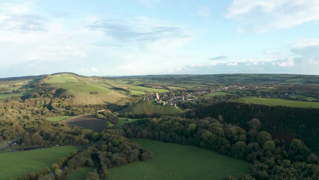 Corfe Castle aerial shot, Dorset, UK