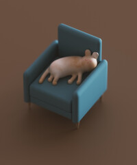 Cute cartoon cat sleeping in blue chair. Cartoon room with armchair. 3d render, 3d illustration.
