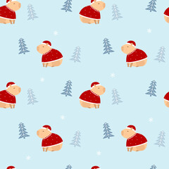 capybara in santa claus costume. Christmas seamless pattern