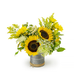 Floral flower arrrangment - Sunflowers in metal vase - yellow flower arrangement isolated on white background - autumn flowers - fall season - Summer