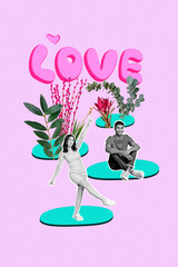 Creative picture vertical collage of two young students girlfriend dancing while guy waiting her love story isolated over pink background