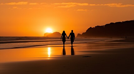 Fototapeta na wymiar A Romantic Evening Walk Along the Beach as the Sun Sets, generative AI