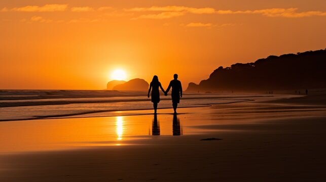A Romantic Evening Walk Along the Beach as the Sun Sets, generative AI