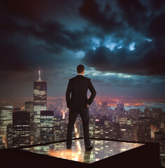 Fototapeta na wymiar A businessman standing on a rooftop at night looking out over the cityscape, business and marketing stock photos
