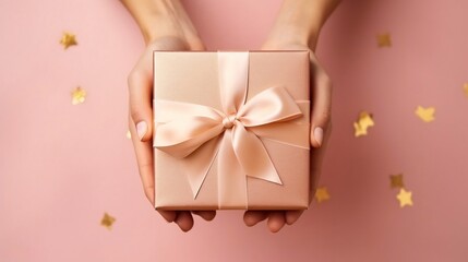 Un cadeau dans les mains d'une femme sur fond rose