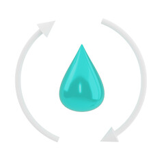 Drop of water with arows icon. Ecology, environment and sustainability concept. 3d render illustration.