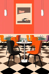 Retro vintage Graphic minimal of Cafe Interior design illustration made with Generative AI 
