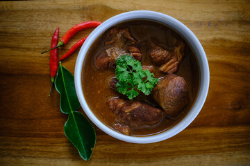 Stewed Pork Thai food. Pork leg stew on rice, or kao ka moo, is the quintessential Thai street food. You can find this all over the streets of Thailand and in any food courts.