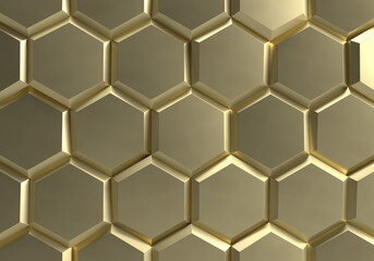 3D Gold Honeycomb Pattern Background. Hexagon Shape Futuristic Abstract. 3D Render Illustration.