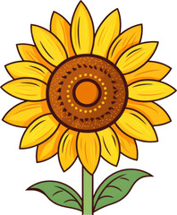 Fototapeta premium Cheerful clip art illustration of a sunflower with yellow petals and green leaves against a transparent background, ideal for various creative projects. Generative AI.