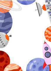 Astronaut and space frame with space elements. Galaxy frame for design, posters, backgrounds astronaut and space. Planet, comet, galaxy, alienships.