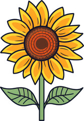 Fototapeta premium Cheerful clip art illustration of a sunflower with yellow petals and green leaves against a transparent background, ideal for various creative projects. Generative AI.
