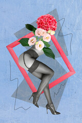 Vertical photo collage black white picture of girl legs stockings high heels fresh flowers wooden...