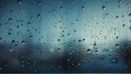 Clear Raindrop Water Drops On Glass Window with Blue Background. Ai Generate.
