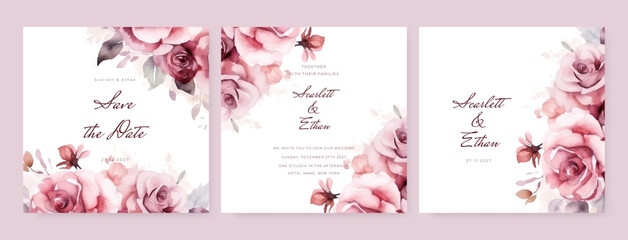 Fototapeta na wymiar White pink and purple modern wedding invitation card with floral and flower