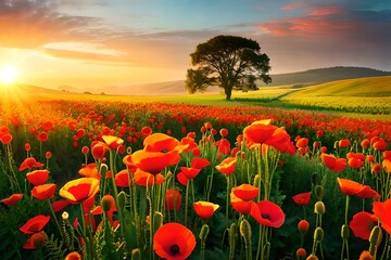 field of poppies in sunset AI Generated 