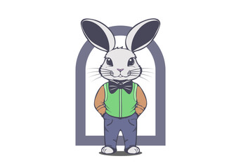 Vector cute trendy rabbit in pants and vest. Fairy easter bunny. White isolated background.