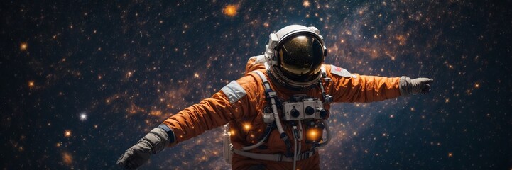 An astronaut hovering against the background of outer space. Hyper-realistic style, high resolution. - 632213110