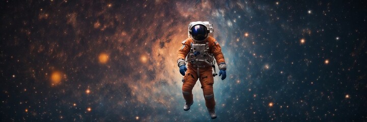 An astronaut in a spacesuit against the background of stars and galaxies. The boundless beauty of outer space and the cosmonaut.  - 632213124
