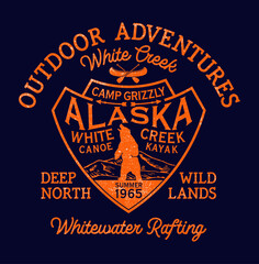 Alaska white creek canoe kayak adventure camp vintage vector print for boy t shirt grunge effect in separate layer