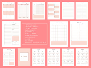 planner pages templates:daily planner, weekly planner,monthly planner, yearly planner,to do list,habit tracker,contact list, shopping list,notes, monthly budget,calendar 2023/2024/2025/2026 peach