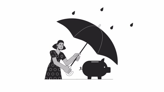Black lady securing account piggy bank under umbrella bw outline 2D animation. Woman with piggybank 4K video motion graphic. Safety monochrome linear animated cartoon flat concept, white background