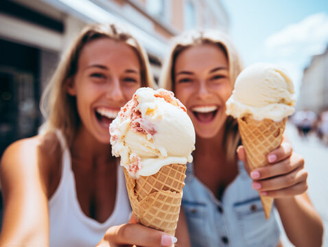 Young lgbtq+ couple happy travel tourist outdoor in vacation lifestyle holiday street summer urban tourism, town journey trip ice cream dessert food.