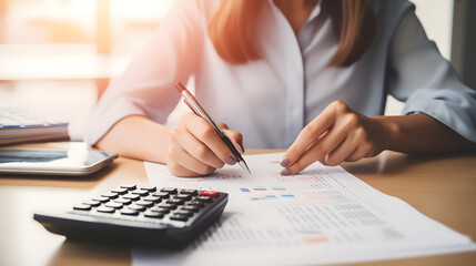 The female entrepreneur skillfully wielded her pen and calculator to crunch numbers for her business projections.