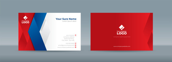 Set of double sided business card templates with simple blue folded ribbons on red and white background
