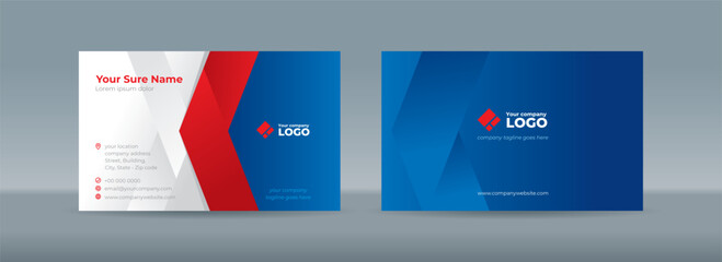 Set of double sided business card templates with simple red folded ribbons on blue and white background