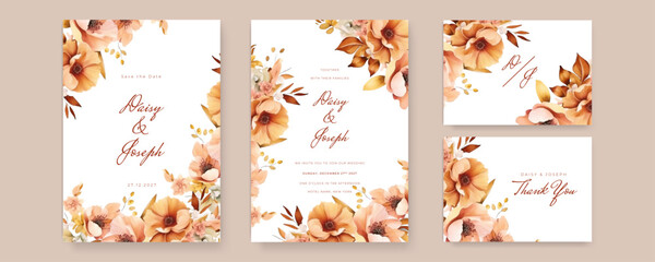 White and orange modern wedding invitation card with flora and flower