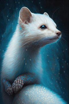  White marten. Magic mystical animal. Blue background. Generative AI