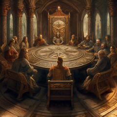 Knights of Round Table. Council of Knights.. - obrazy, fototapety, plakaty