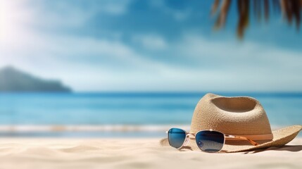 sun glasses and sunglasses on the beach - obrazy, fototapety, plakaty