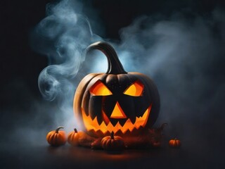 Naklejka premium Halloween decorated pumpkins sit on a table in a dark, candlelit room. generative AI