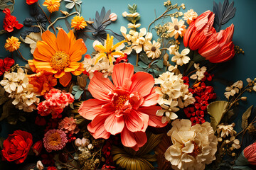 Obraz na płótnie Canvas Beautiful flowers made of paper background, top view