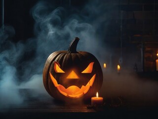Naklejka premium Halloween decorated pumpkins sit on a table in a dark, candlelit room. generative AI