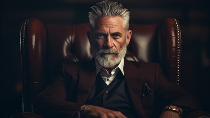 Elegant senior man seated on an armchair. Generative AI