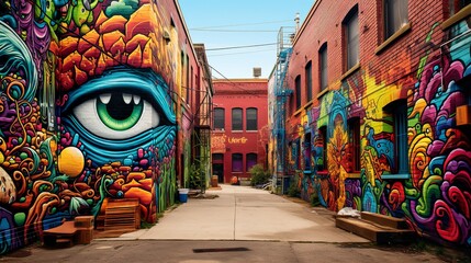 colorful alley with a big graffiti eye - obrazy, fototapety, plakaty