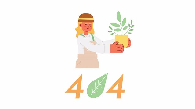 Gardener woman holding plant 404 error animation. Hobby error message gif, motion graphic. European florist girl growing plants indoor animated character cartoon 4K video isolated on white background