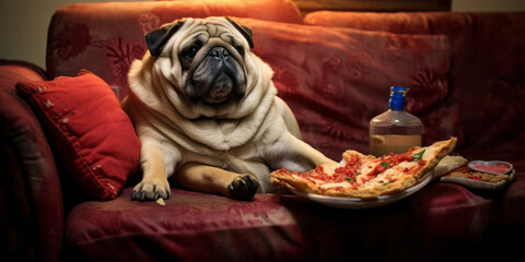 A puppy relaxing on a couch and cushion with some pizza, nuts and a cold drink. Living his best life.
