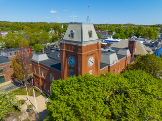 Melrose City Hall aerial view at 562 Main Street in historic city center of Melrose, Massachusetts MA, USA. 