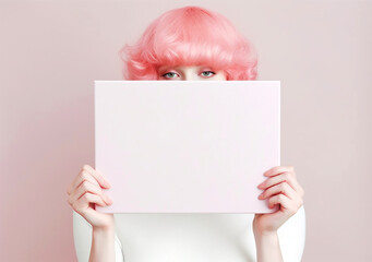 Two hands showing white sheet horizontally isolated pink background