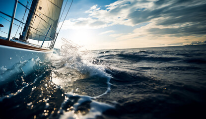 Sailboat moving through the sea. Concept of travel, freedom and exploration. Shallow field of view.