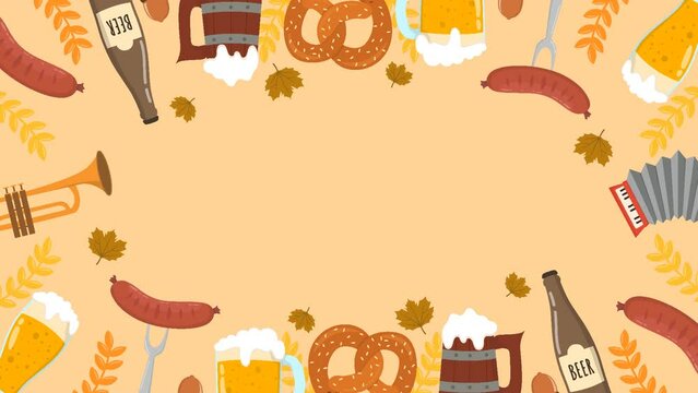 oktoberfest celebration Background Animation. A mug of beer, a bottle of beer, a pretzel, a sausage. 
