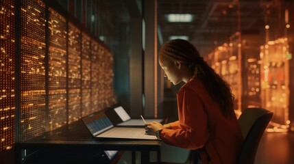 Back view of Female Data Center IT Specialist Using Tablet Computer, Turning Augmented VFX Visualization on Server Farm Cloud Computing Facility System Engineer Working for Cyber Data Security Company