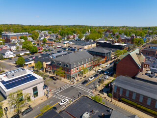 Historic commercial buildings aerial view on Main Street in historic city center of Melrose,...