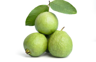 Organic guava fruit with stems and leaves, bright green skin, pink guava flesh, with leaves isolated on white background.