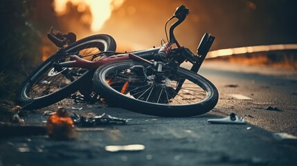 Bike accident with broken bike and helmet after road accident. Generative AI - obrazy, fototapety, plakaty