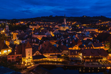 Fototapeta na wymiar City Cesky Krumlov from lookout. Famous unesco czech village at night